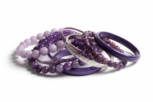 Load image into Gallery viewer, shades of purple bracelets, consisting of elastic, cuff and bangle styles, clustered together with a white background