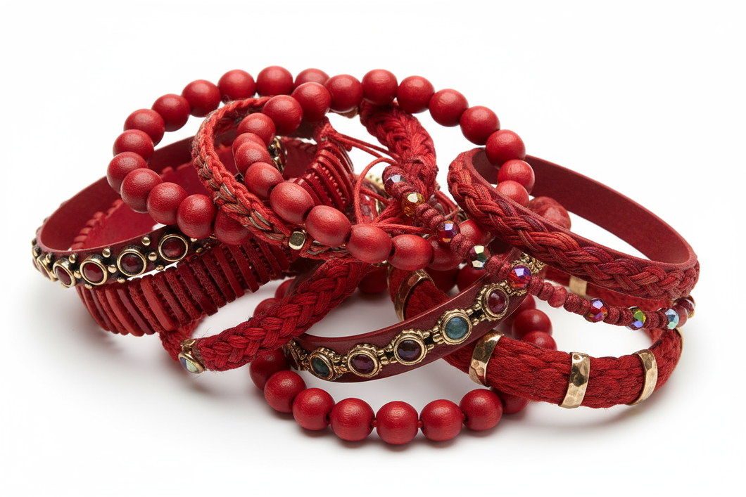 multiple red bracelets clustered together